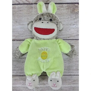 Baby Starters Plush Sock Monkey Happy Easter Stuffed Animal Toy Rattle Green 10"